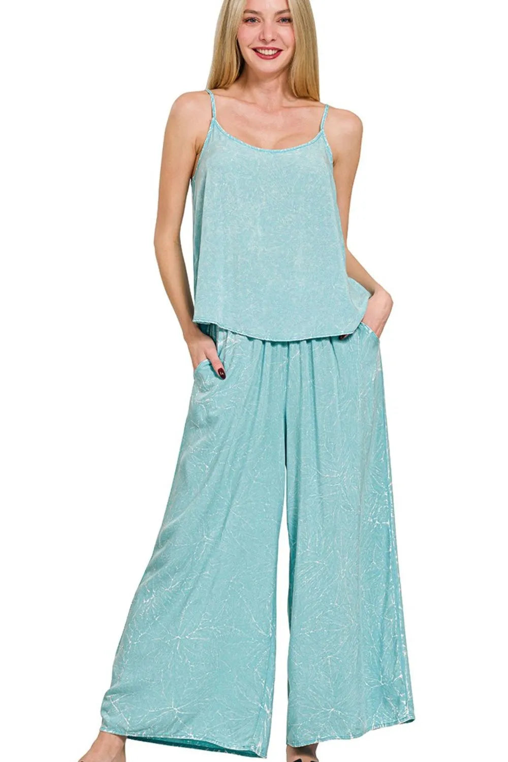 Zenana Woven Acid Crinkle Washed Cami & Pants 2 Piece Set DUSTY TEAL