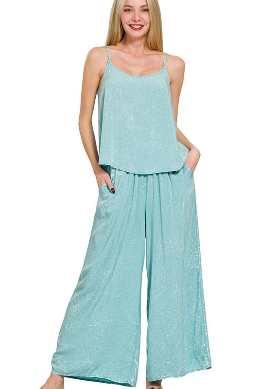 Zenana Woven Acid Crinkle Washed Cami & Pants 2 Piece Set DUSTY TEAL