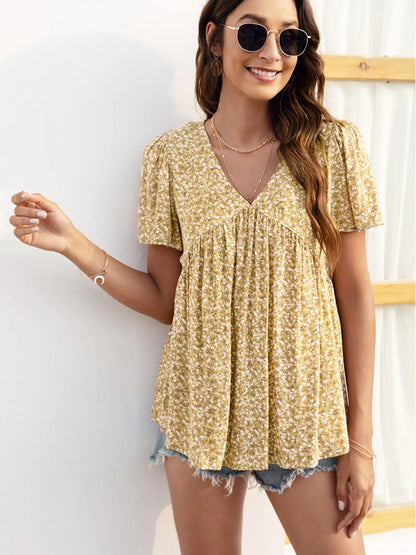 Floral Print V-neck Flutter Sleeve Babydoll Blouse