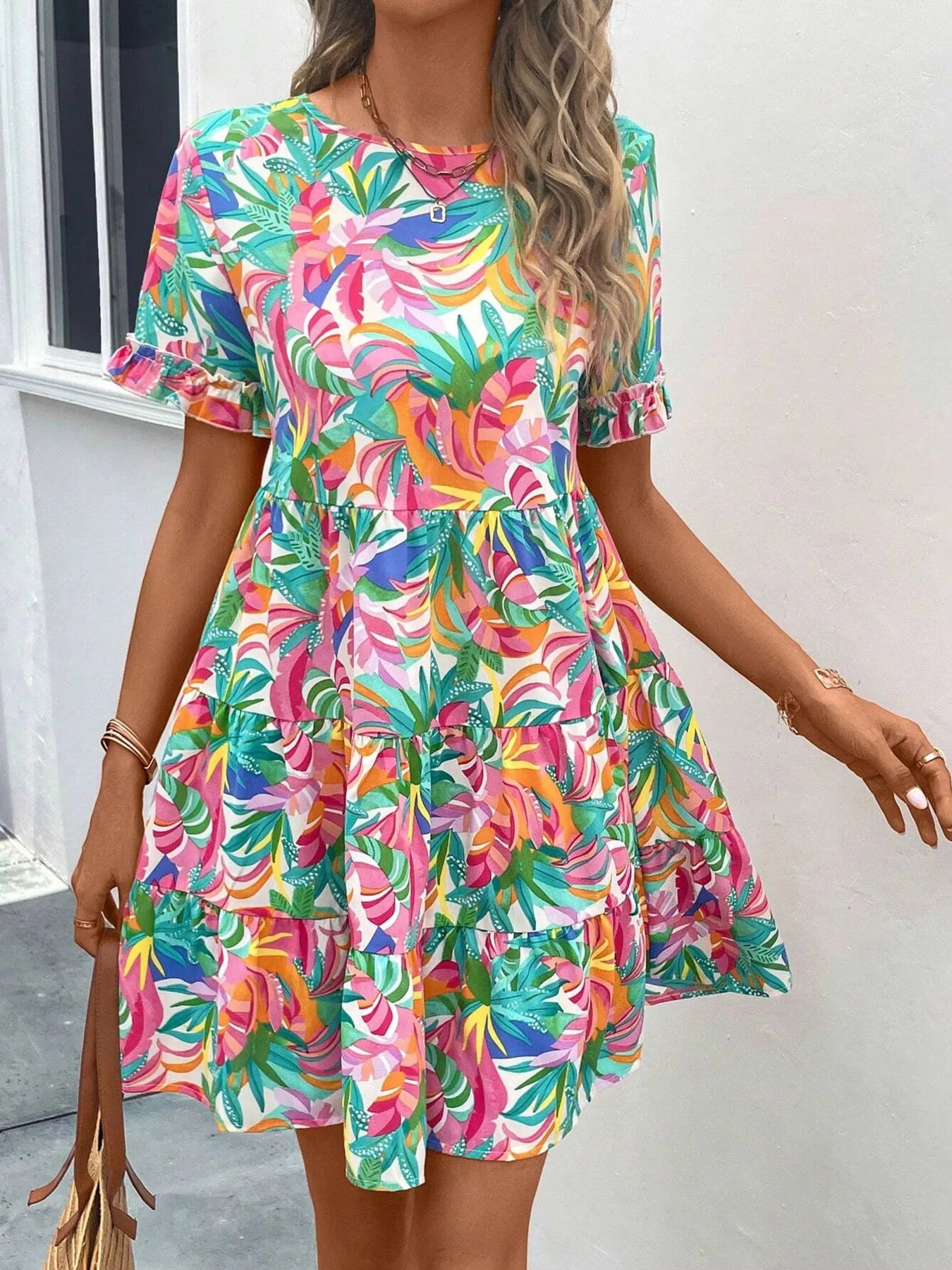 Printed Round Neck Short Sleeve Dress Fuchsia Pink