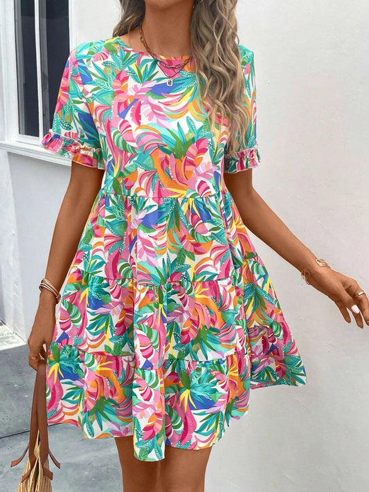 Printed Round Neck Short Sleeve Dress Fuchsia Pink