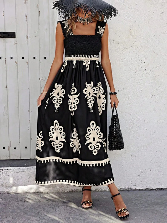 Smocked Printed Wide Strap Maxi Dress Black