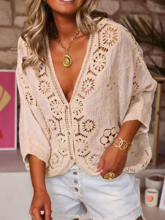 Crochet Lace V-Neck Blouse Tan One Size