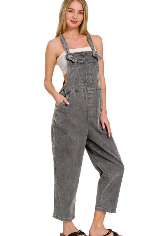 Zenana Washed Knot Strap Relaxed Fit Overalls ASH BLACK