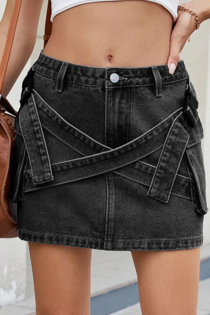 Criss-Cross Waist Detail Denim Mini Skirt Black Gray