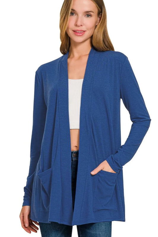 Zenana Slouchy Lightweight Open Front Pocket Cardigan LT NAVY