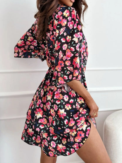 Floral Print V-Neck Ruffle Mini Dress