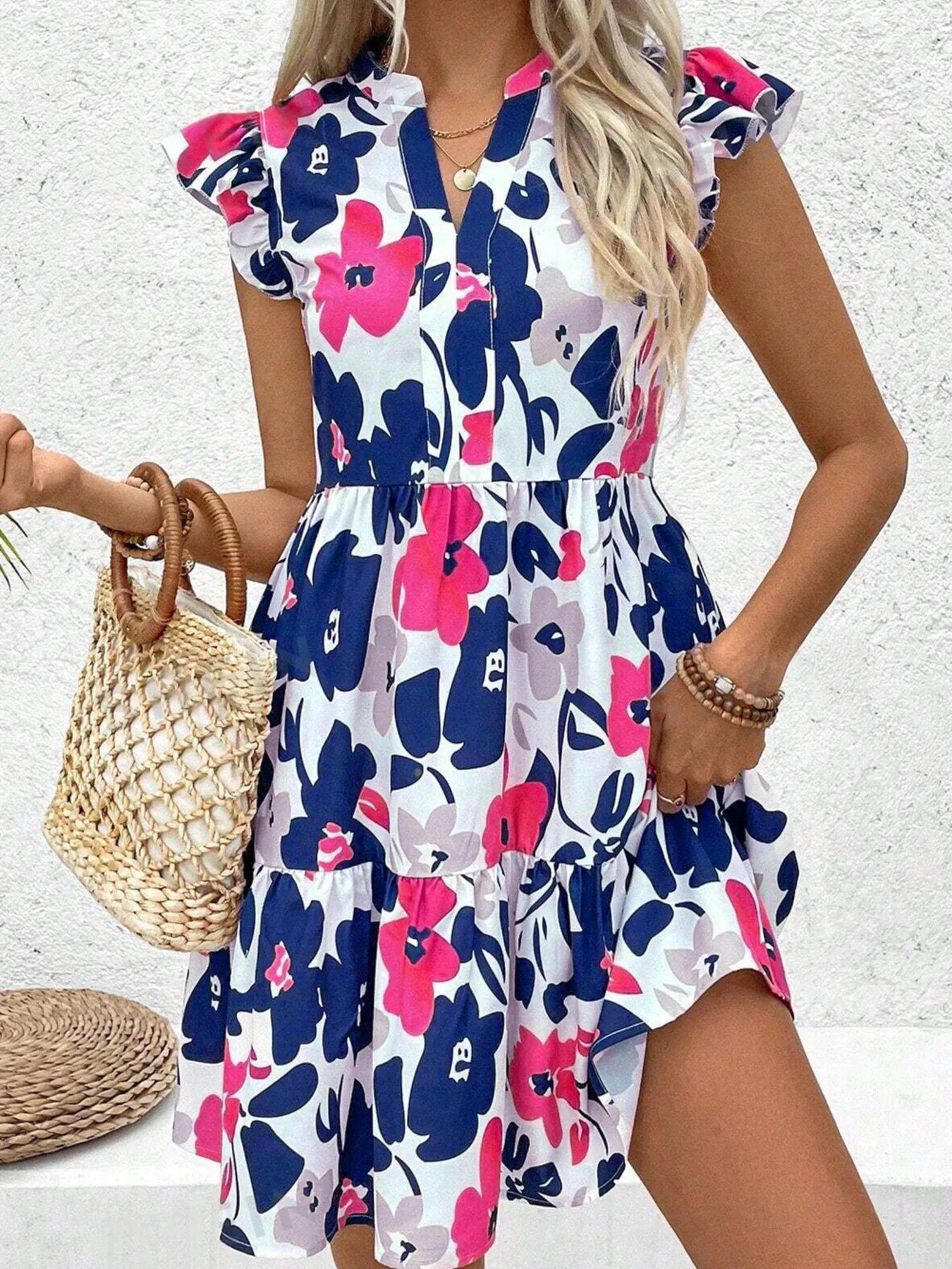 Printed Notched Neck Flutter Sleeve Mini Dress Floral