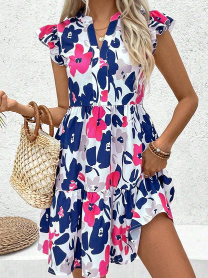 Printed Notched Neck Flutter Sleeve Mini Dress Floral