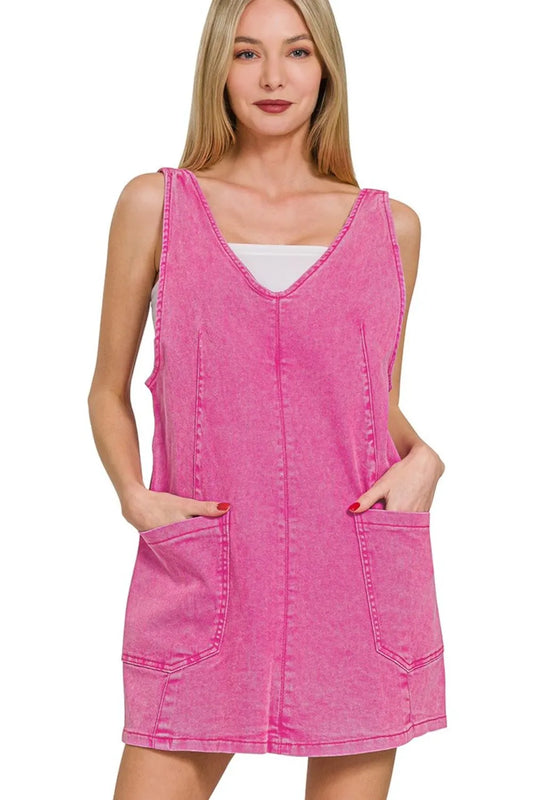 Zenana Washed Adjustable Strap Denim Overall Dress HOT PINK