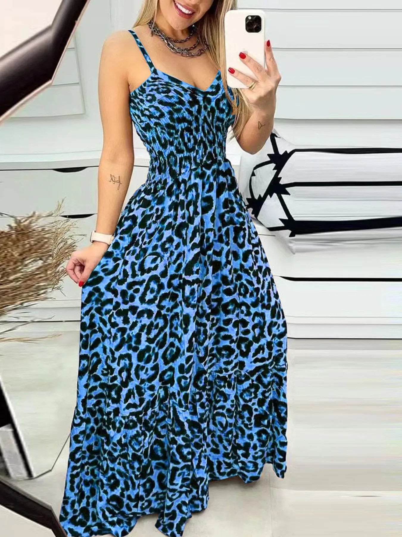 Full Size Leopard Print Spaghetti Strap Maxi Dress Plus Size Blue