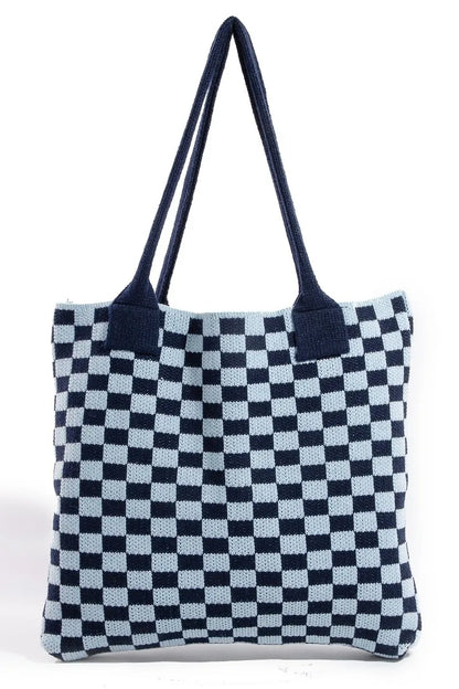 Fame Checkered Pattern Tote Bag Blue One Size