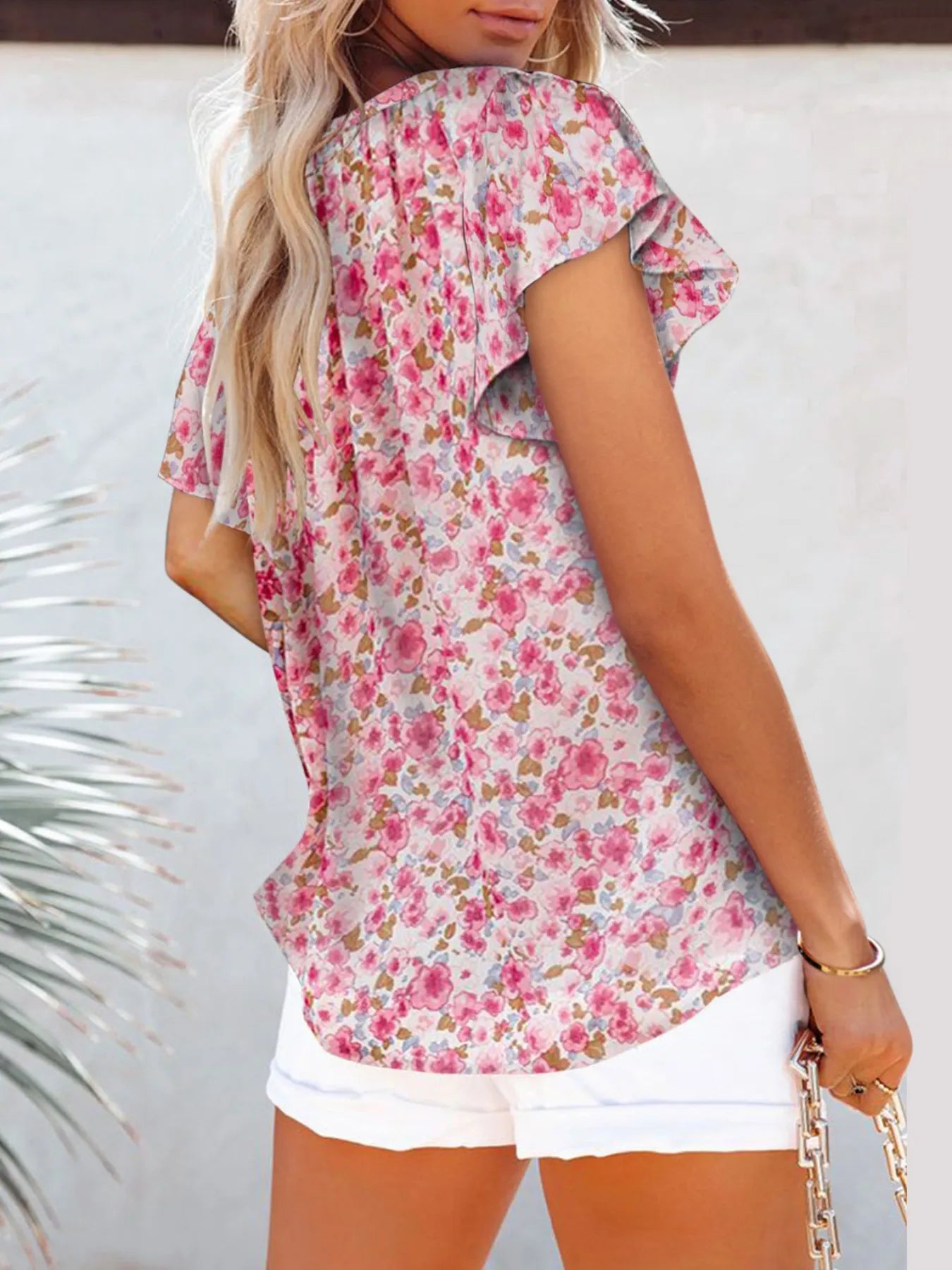 Full Size Flutter Sleeve Floral V-Neck Blouse Plus Size