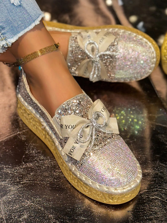 Rhinestone Bow Round Toe Slip-Ons Gold