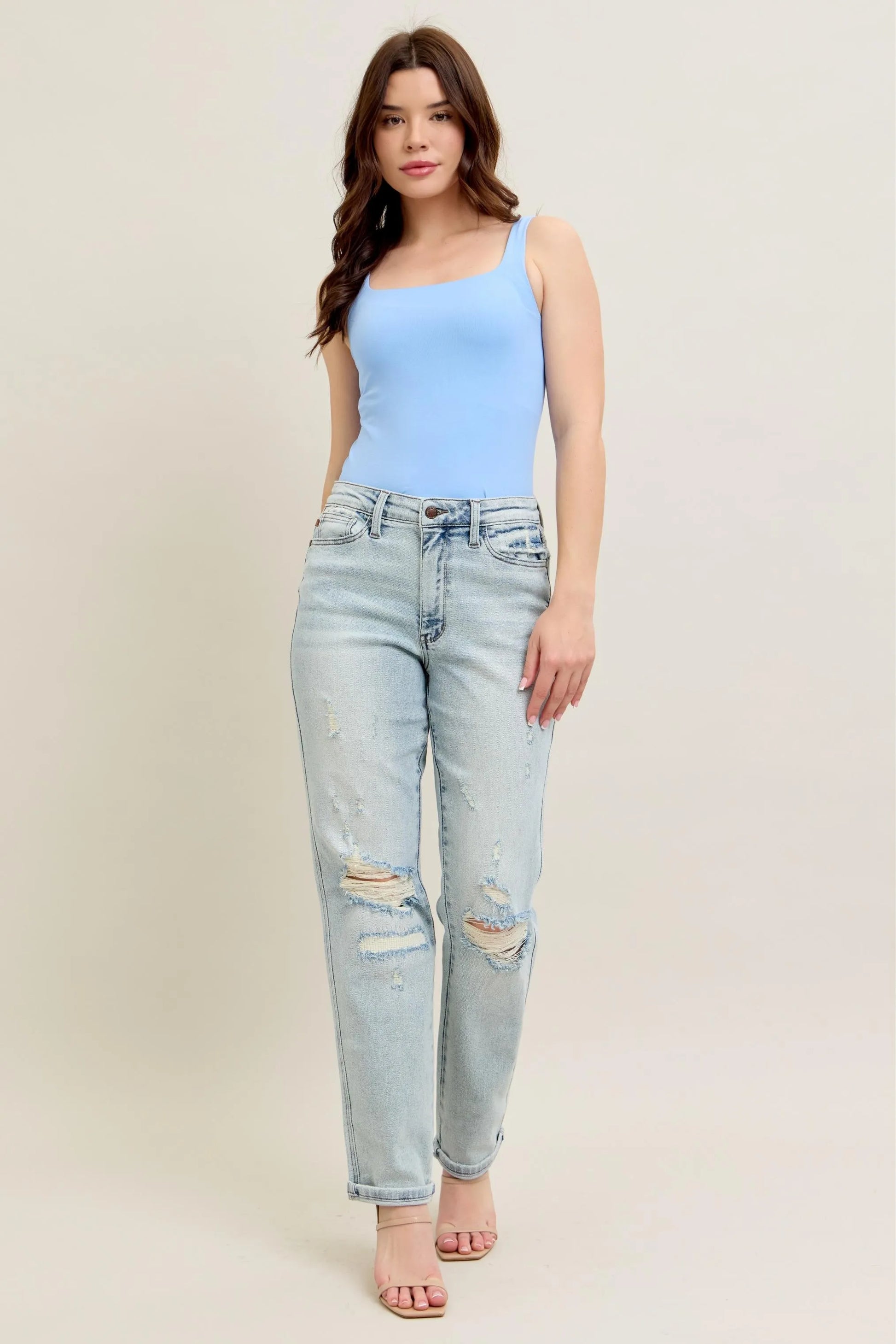Judy Blue Full Size Mr Repair Stitch Detail Destroy Single Cuff Bf Jeans Plus Size LT