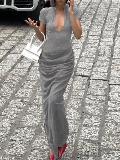 Side Slit Short Sleeve Maxi Dress Grey