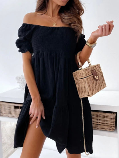Smocked Off-Shoulder Mini Dress Black
