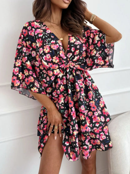 Floral Print V-Neck Ruffle Mini Dress