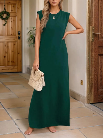 Full Size Slit Round Neck Sleeveless Maxi Tank Dress Plus Size Dark Green