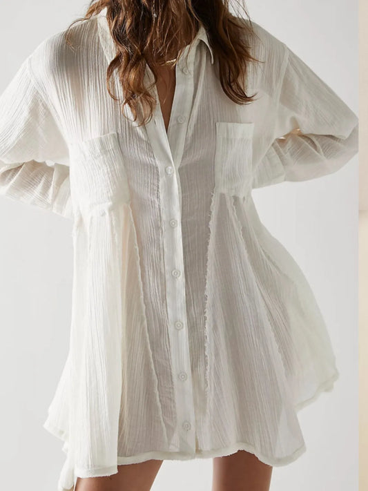 Textured Button-Down Shirt Dress White