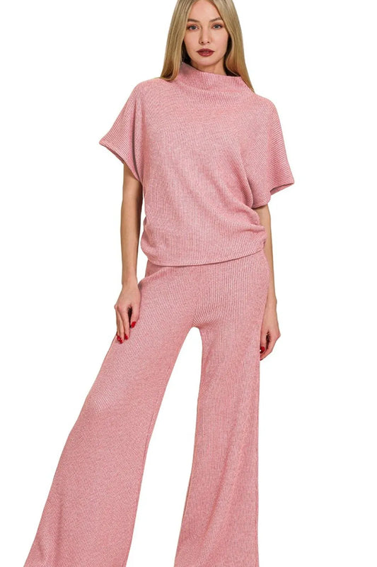 Zenana Sweater Mock Neck Top & Long Pants Set LT ROSE