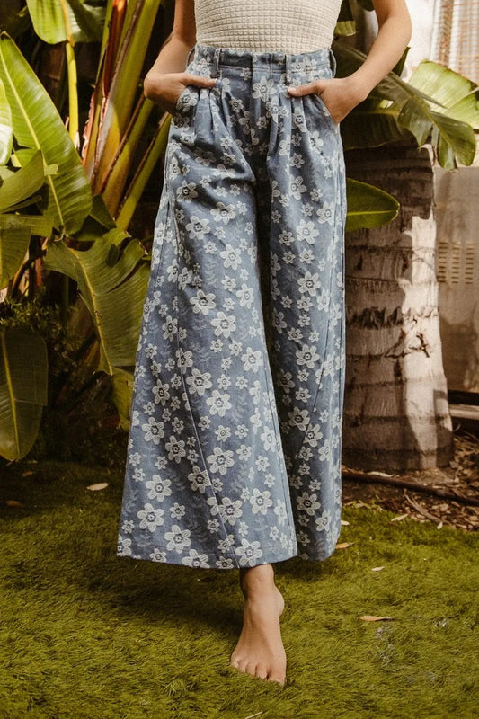 BiBi Floral Texture Wide Leg Jeans DENIM
