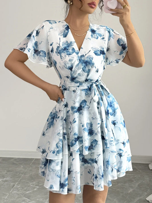Printed Surplice Layered Mini Dress Blue