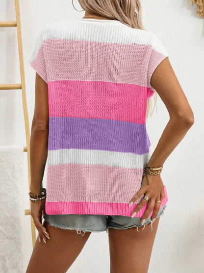 Color Block Notched Short Sleeve Knit Top
