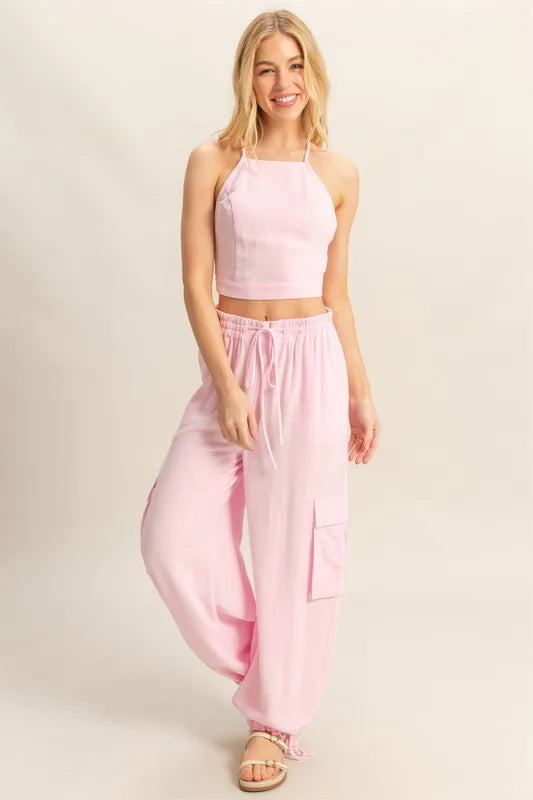 HYFVE Crop Top and Cargo Pants Set L.PINK