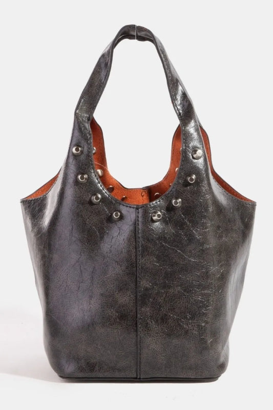 Fame Weathered Faux Leather And Studs Bucket Bag BK One Size