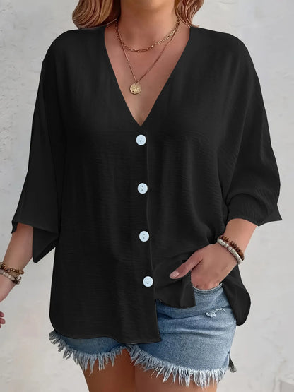 Full Size V-Neck Button Down Shirt Plus Size Black