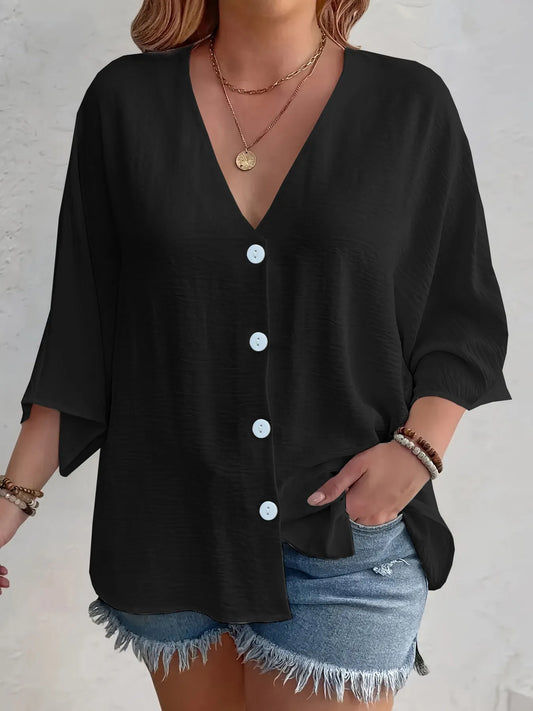 Full Size V-Neck Button Down Shirt Plus Size Black