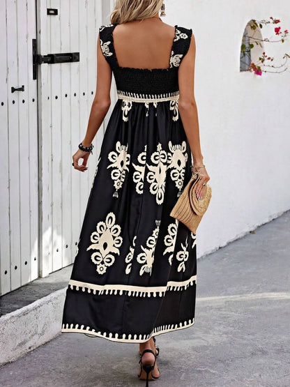 Smocked Printed Wide Strap Maxi Dress