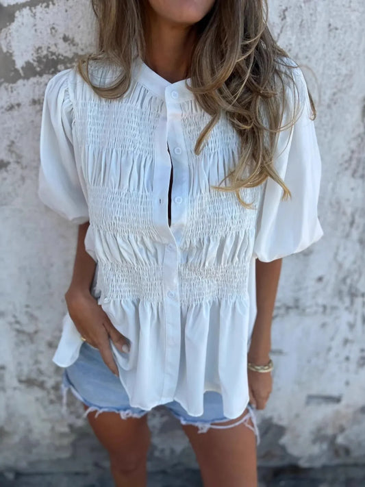 Full Size Smocked Button Front Puff Sleeve Shirt Plus Size White