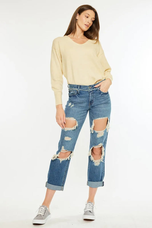 Kancan Distressed Mid Rise True Boyfriend Jeans MEDIUM