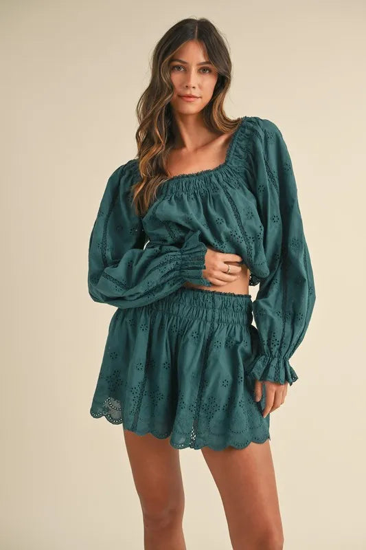 MABLE Embroidered Scalloped Lace Top and Short Set Teal