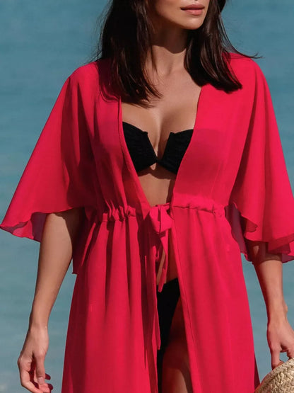 Solid Color Flutter Sleeve Cover-Up Deep Red One Size