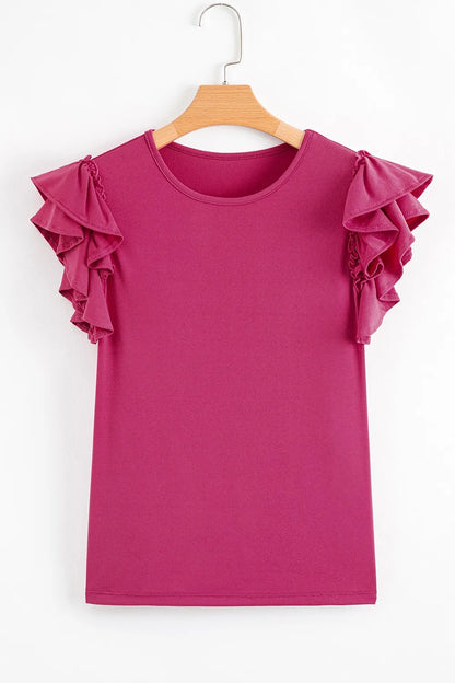 Short Ruffle Sleeve Round Neck Blouse