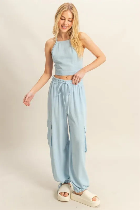 HYFVE Crop Top and Cargo Pants Set L.BLUE