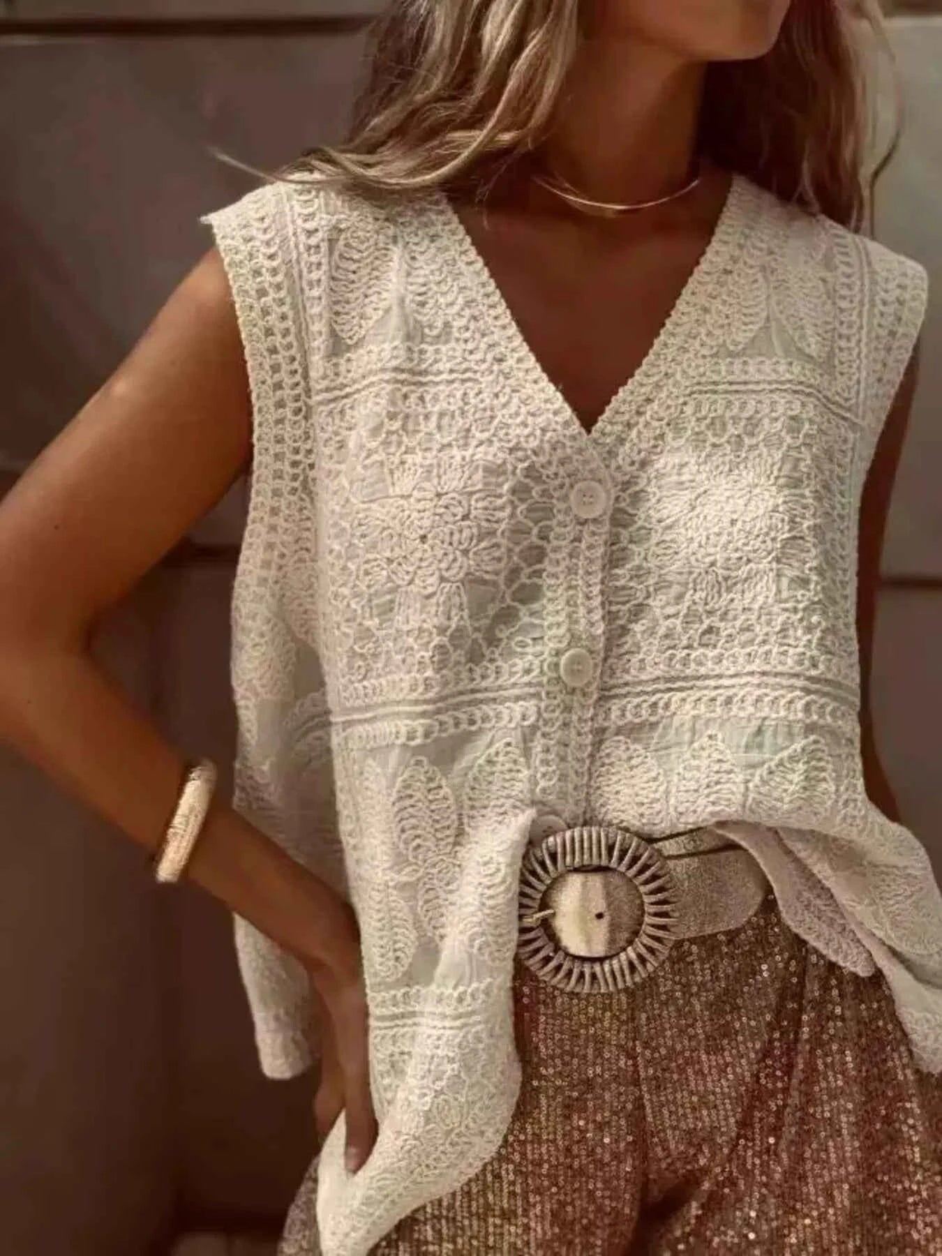 Crochet Lace V-Neck Vest Apricot One size fits all