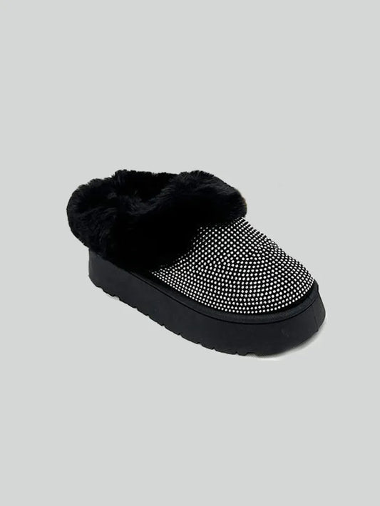 WILD DIVA Embellished Faux Fur Platform Booties Black