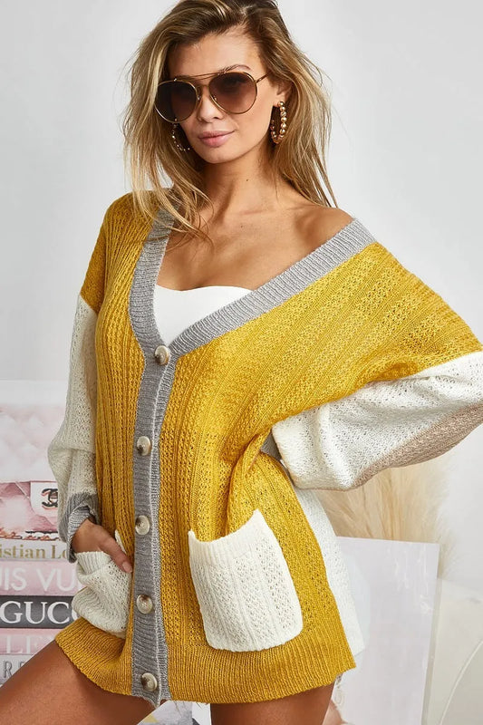 BiBi Color Block Sweater Cardigan with Button Closure MUSTARD IVORY