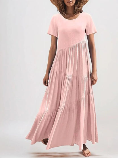 Round Neck Tiered Ruffle Maxi Dress Pink