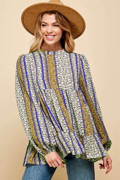 Lime 'N' Chili Multi-Color Bohemian Print Mock Neck Babydoll Top MUSTARD FLORAL