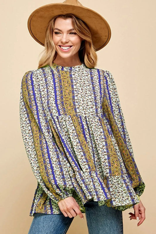 Lime 'N' Chili Multi-Color Bohemian Print Mock Neck Babydoll Top MUSTARD FLORAL