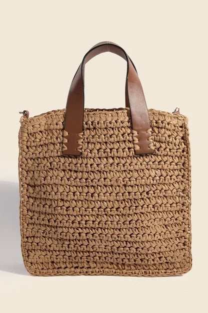 Fame Faux Leather Handle Straw Braided Handbag Ka One Size