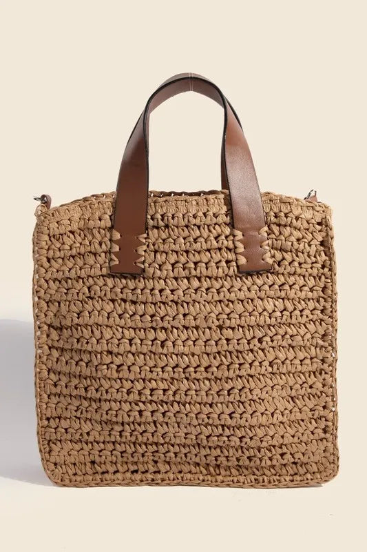 Fame Faux Leather Handle Straw Braided Handbag Ka One Size