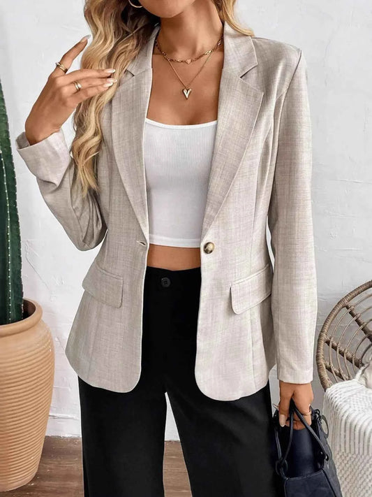 One Button Lapel Collar Blazer Khaki