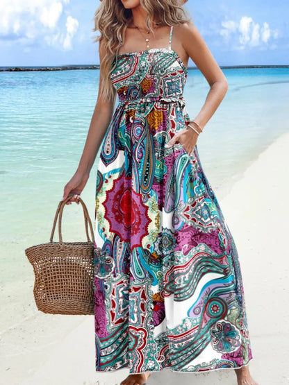 Printed Smocked Maxi Cami Dress Peacock Blue