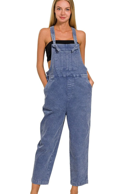 Zenana Washed Knot Strap Relaxed Fit Overalls BLACKBERRY